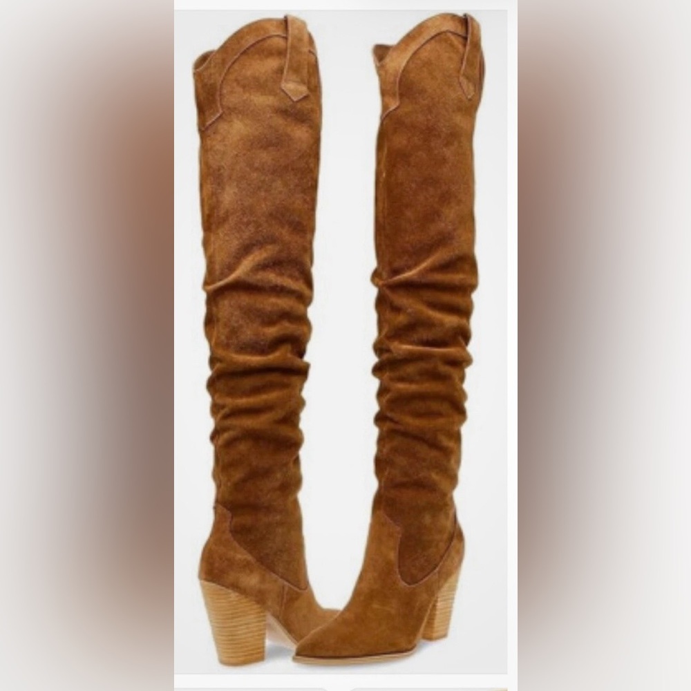 Steve Madden Western Inspired Chestnut Brown Suede Over-the-Knee Cowboy Boots